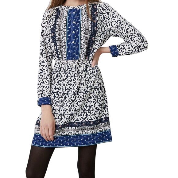 Loft Mosaic Shirt Dress Sz Small Blue Floral Long Sleeve 4-Button (no belt) - Picture 1 of 10